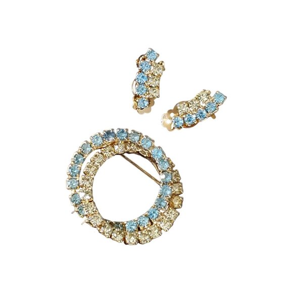 Uranium Demi-Parure Clip Earrings Double Ring Infinity MCM Pin Brooch Crystal - Picture 5 of 13